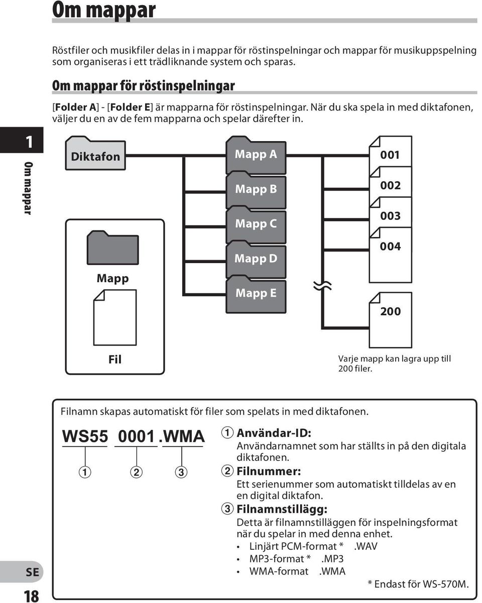 Diktafon Mapp Mapp A Mapp B Mapp C Mapp D Mapp E 001 002 003 004 200 Fil Varje mapp kan lagra upp till 200 filer. Filnamn skapas automatiskt för filer som spelats in med diktafonen. 18 WS55 0001.