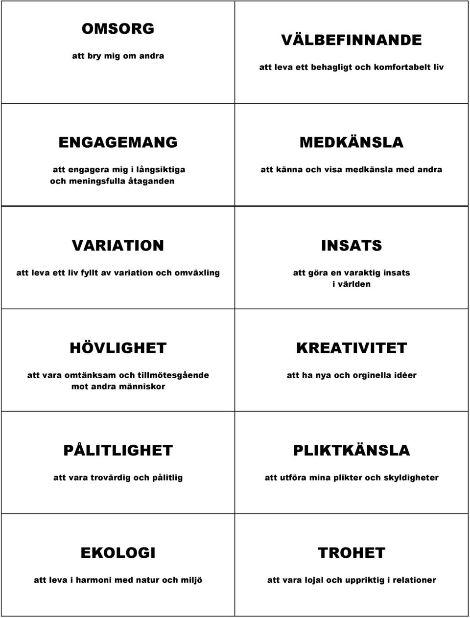 i världen HÖVLIGHET att vara omtänksam och tillmötesgående mot andra människor KREATIVITET att ha nya och orginella idéer PÅLITLIGHET att vara trovärdig