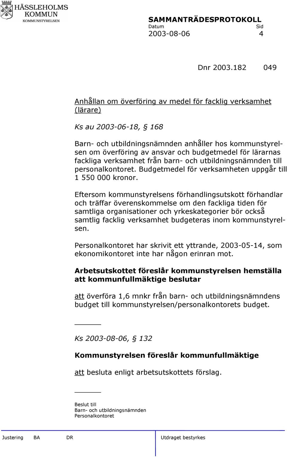 lärarnas fackliga verksamhet från barn- och utbildningsnämnden till personalkontoret. Budgetmedel för verksamheten uppgår till 1 550 000 kronor.