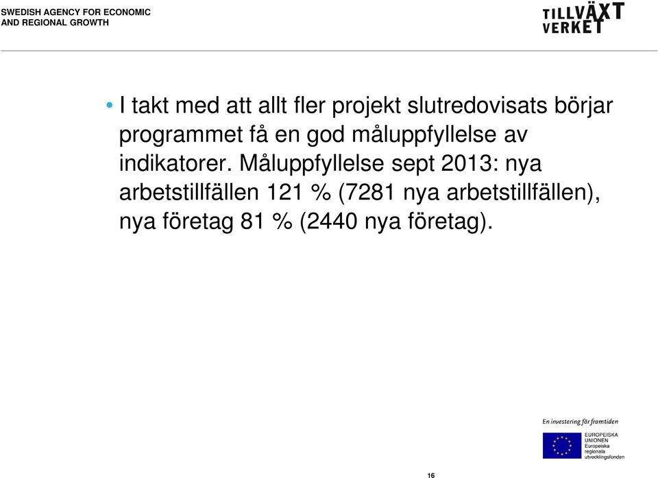 Måluppfyllelse sept 2013: nya arbetstillfällen 121 %