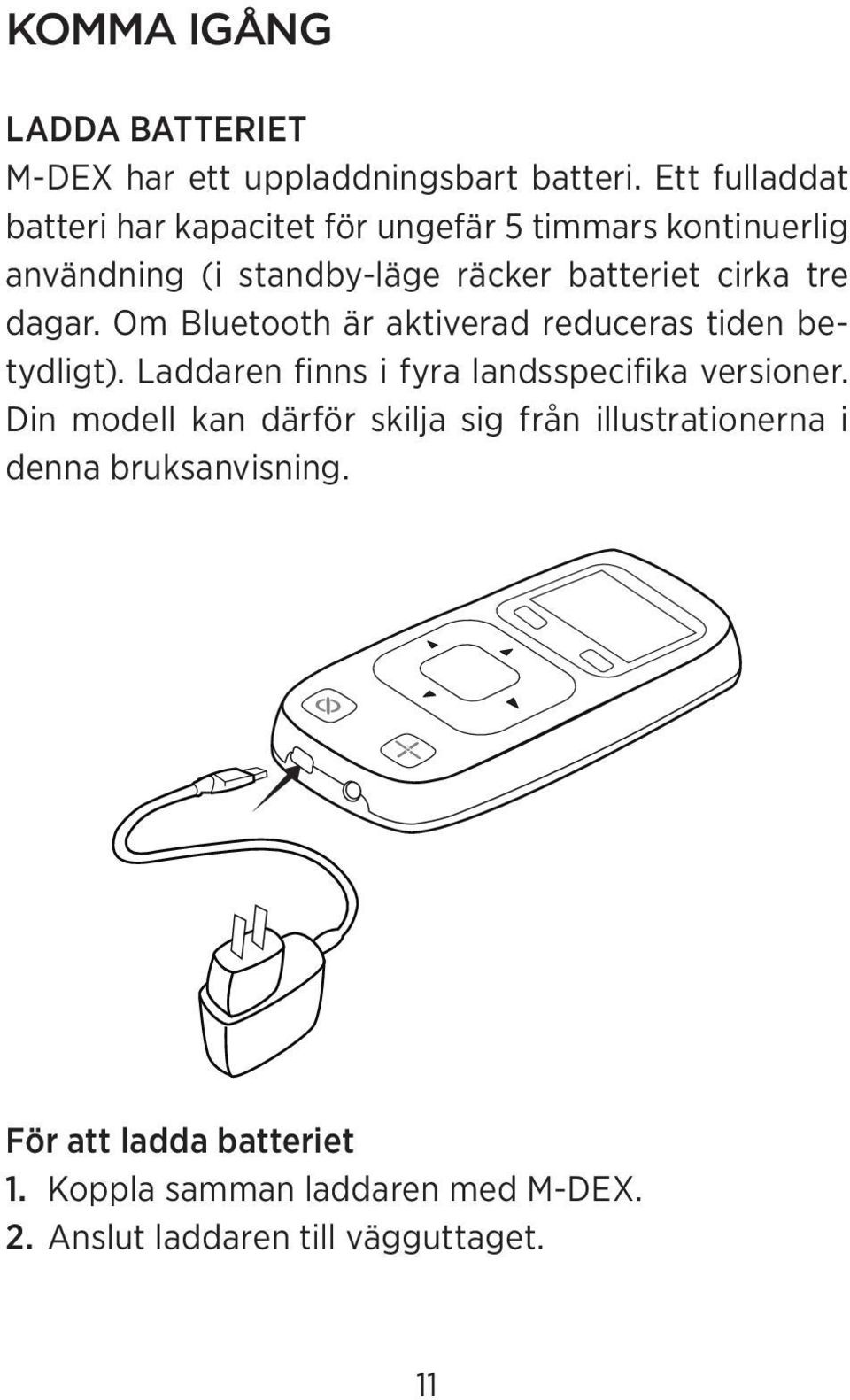 tre dagar. Om Bluetooth är aktiverad reduceras tiden betydligt). Laddaren finns i fyra landsspecifika versioner.
