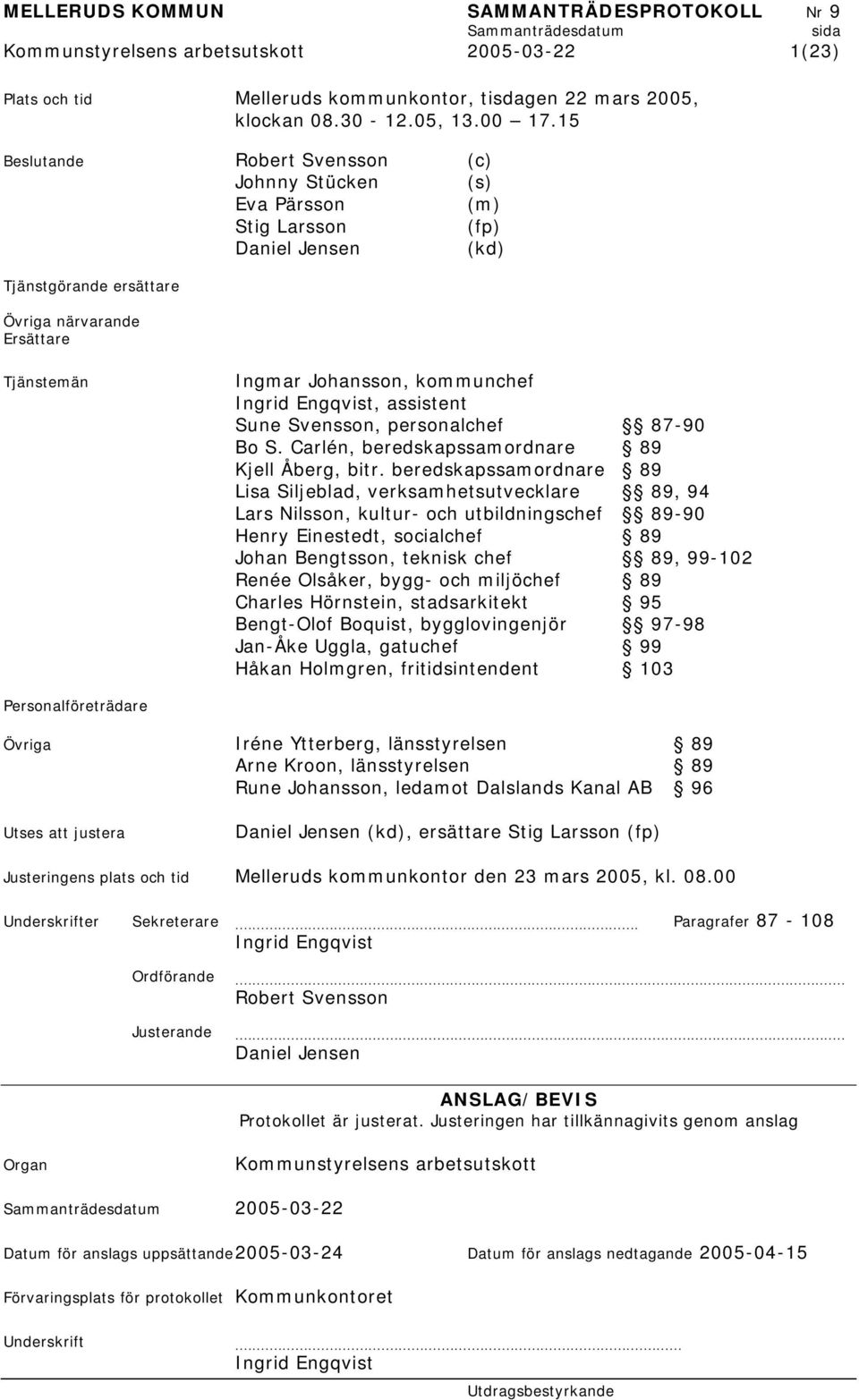 Ingrid Engqvist, assistent Sune Svensson, personalchef 87-90 Bo S. Carlén, beredskapssamordnare 89 Kjell Åberg, bitr.