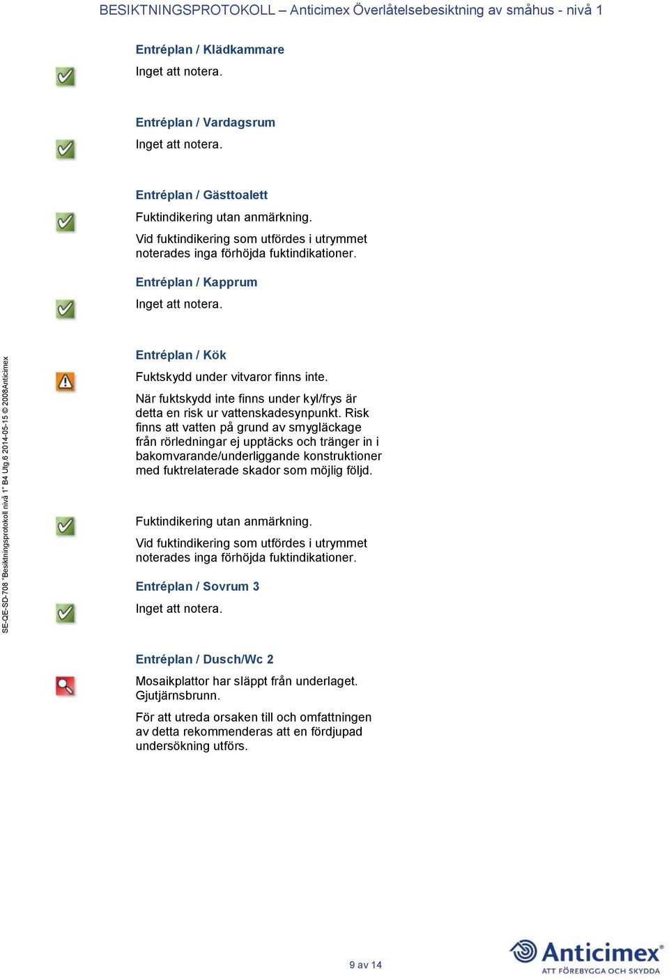 Risk finns att vatten på grund av smygläckage från rörledningar ej upptäcks och tränger in i bakomvarande/underliggande konstruktioner med fuktrelaterade skador som möjlig följd.