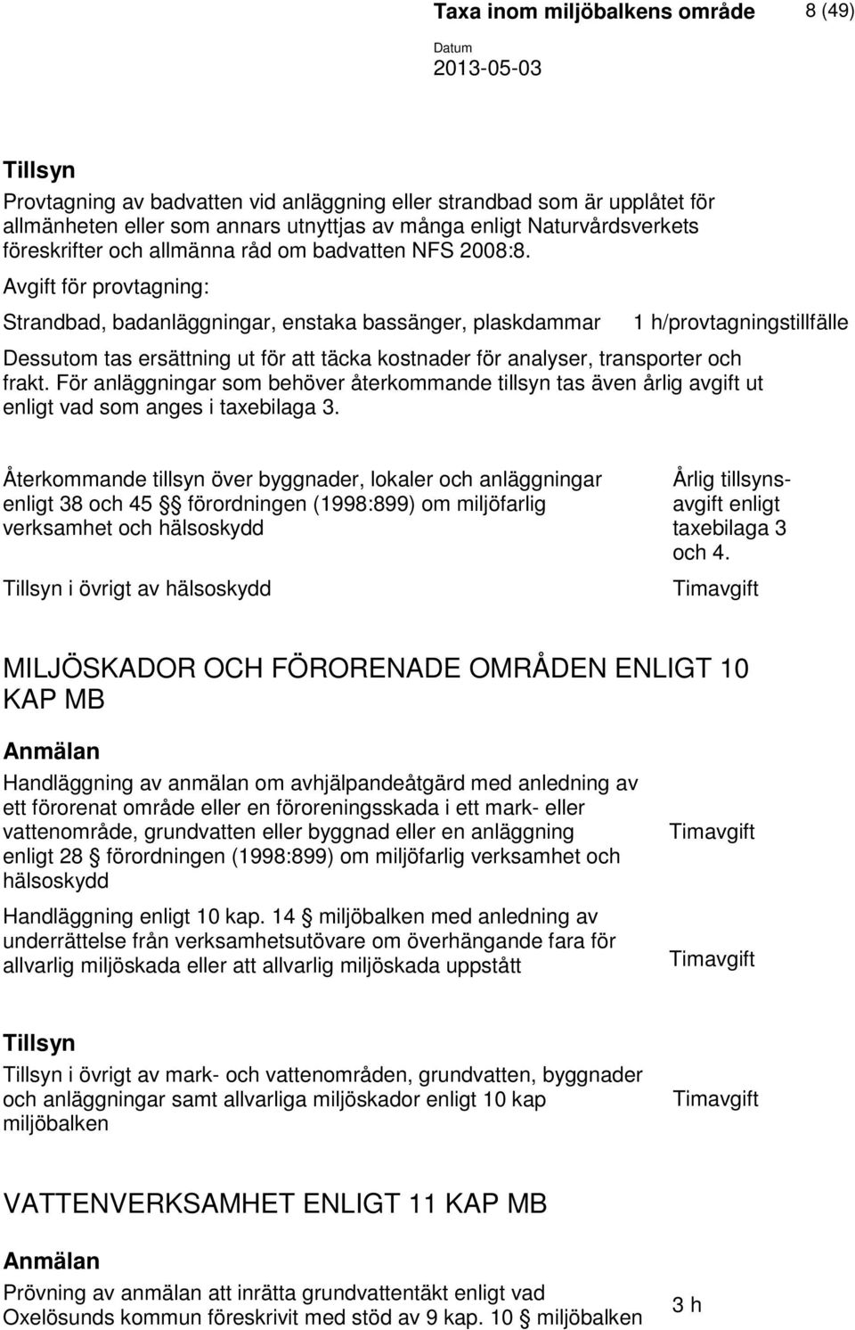 Avgift för provtagning: Strandbad, badanläggningar, enstaka bassänger, plaskdammar 1 h/provtagningstillfälle Dessutom tas ersättning ut för att täcka kostnader för analyser, transporter och frakt.