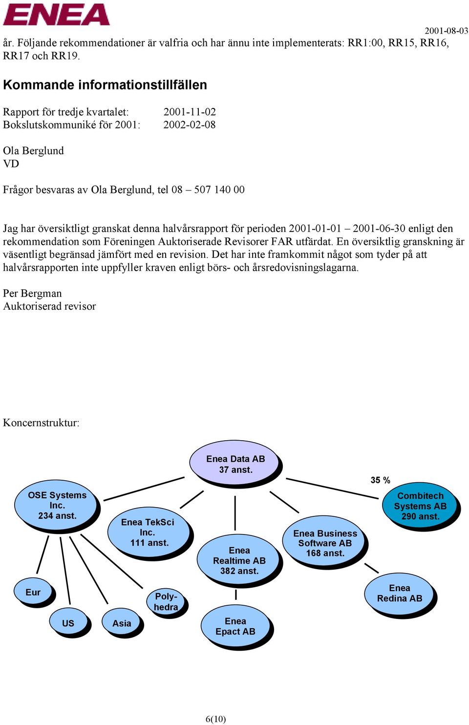 granskat denna halvårsrapport för perioden 2001-01-01 2001-06-30 enligt den rekommendation som Föreningen Auktoriserade Revisorer FAR utfärdat.