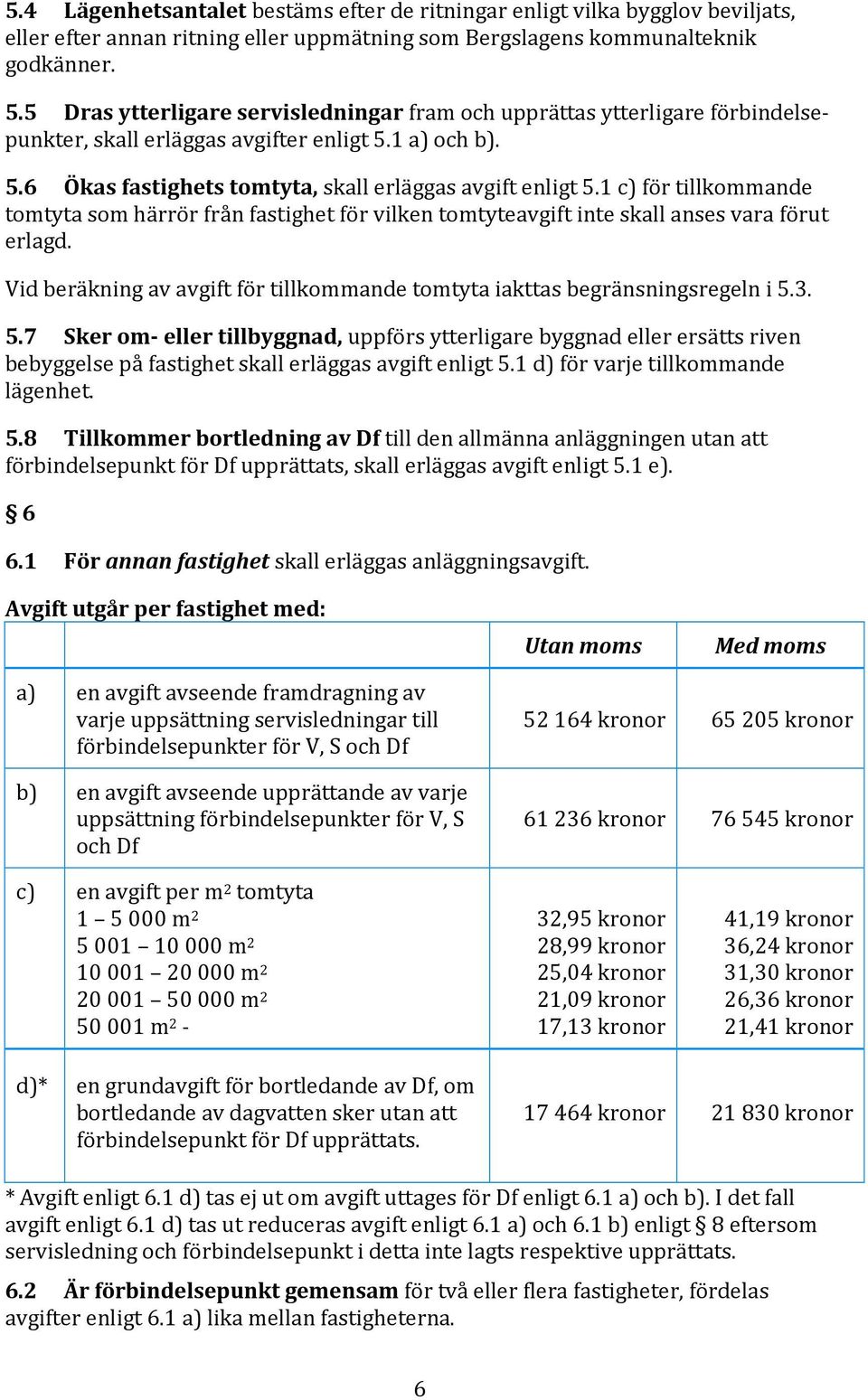 1 c) för tillkommande tomtyta som härrör från fastighet för vilken tomtyteavgift inte skall anses vara förut erlagd. Vid beräkning av avgift för tillkommande tomtyta iakttas begränsningsregeln i 5.3.