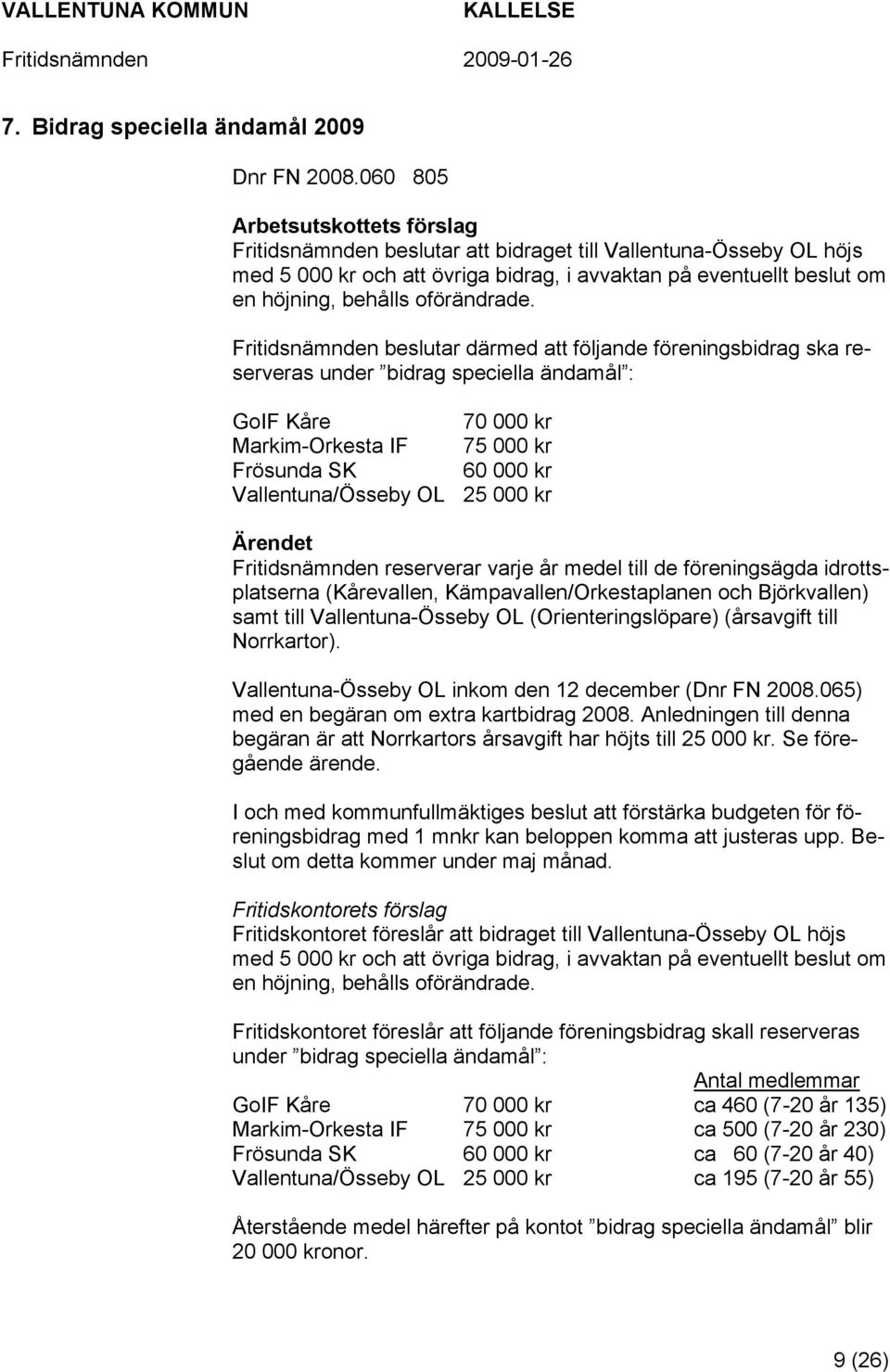 Fritidsnämnden beslutar därmed att följande föreningsbidrag ska reserveras under bidrag speciella ändamål : GoIF Kåre 70 000 kr Markim-Orkesta IF 75 000 kr Frösunda SK 60 000 kr Vallentuna/Össeby OL