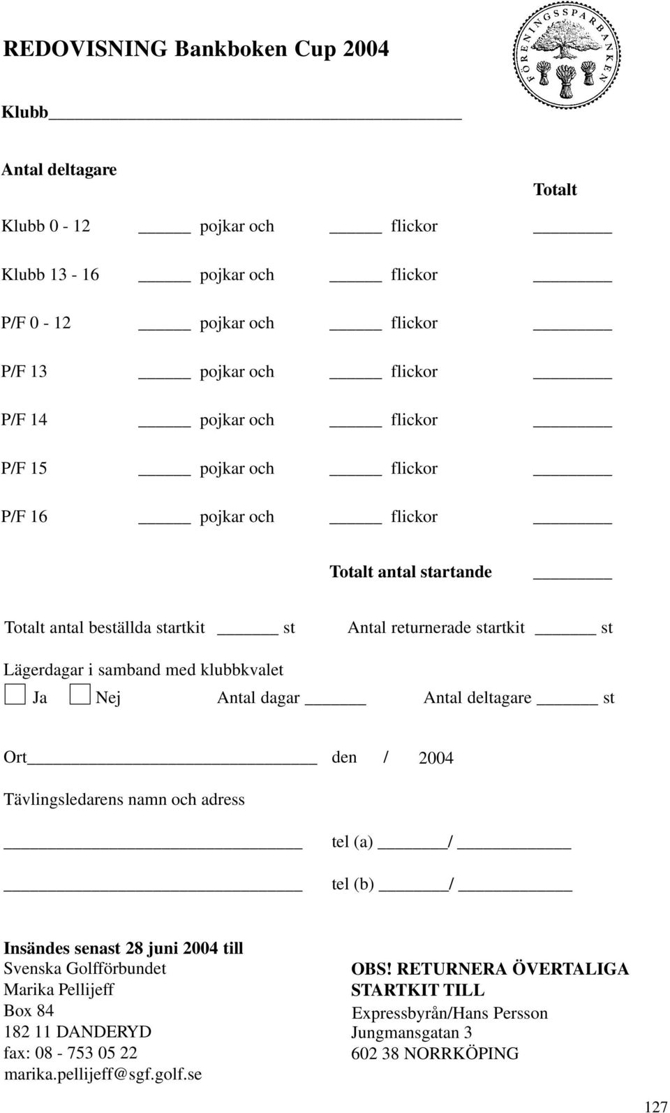 klubbkvalet Ja Nej Antal dagar Antal deltagare st Ort den / 2004 2002 Tävlingsledarens namn och adress tel (a) / tel (b) / Insändes senast 27 28 juni 2002 2004 till Svenska Golfförbundet Marika