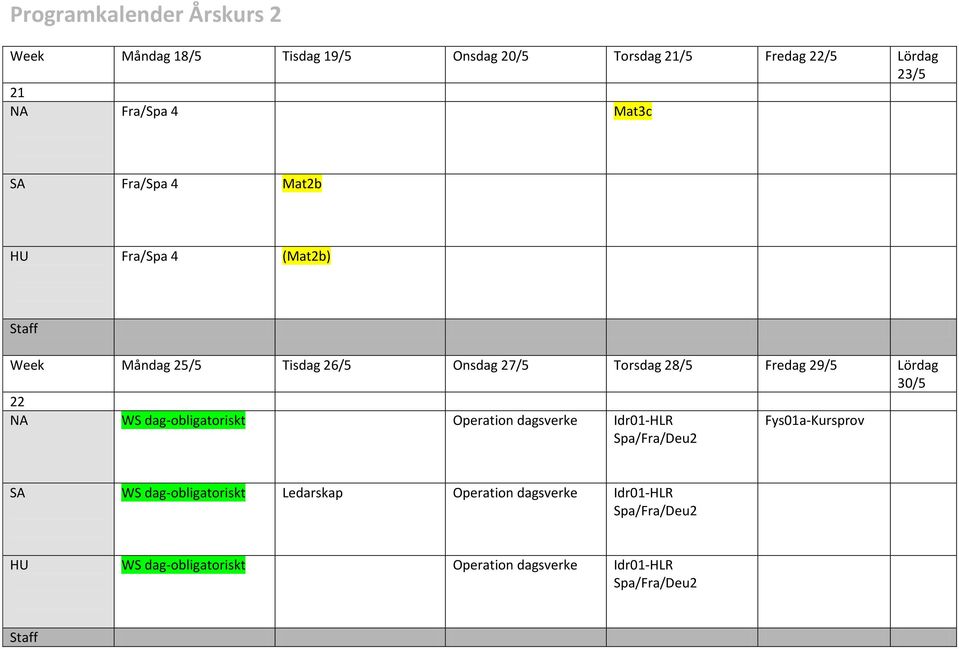 dag-obligatoriskt Operation dagsverke Idr01-HLR Spa/Fra/Deu2 Fys01a-Kursprov WS dag-obligatoriskt Ledarskap