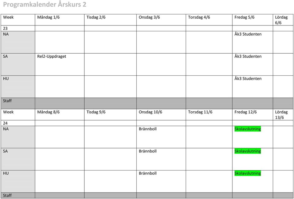 8/6 Tisdag 9/6 Onsdag 10/6 Torsdag 11/6 Fredag 12/6 Lördag 13/6 24