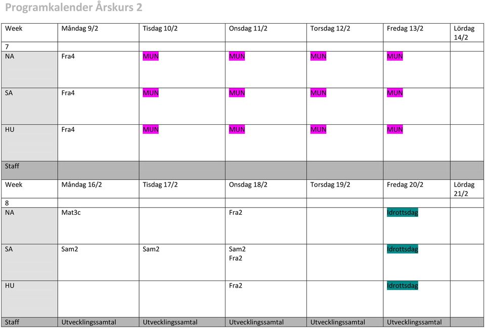 Torsdag 19/2 Fredag 20/2 Lördag 21/2 8 Mat3c Fra2 Idrottsdag Sam2 Sam2 Sam2 Fra2 Idrottsdag