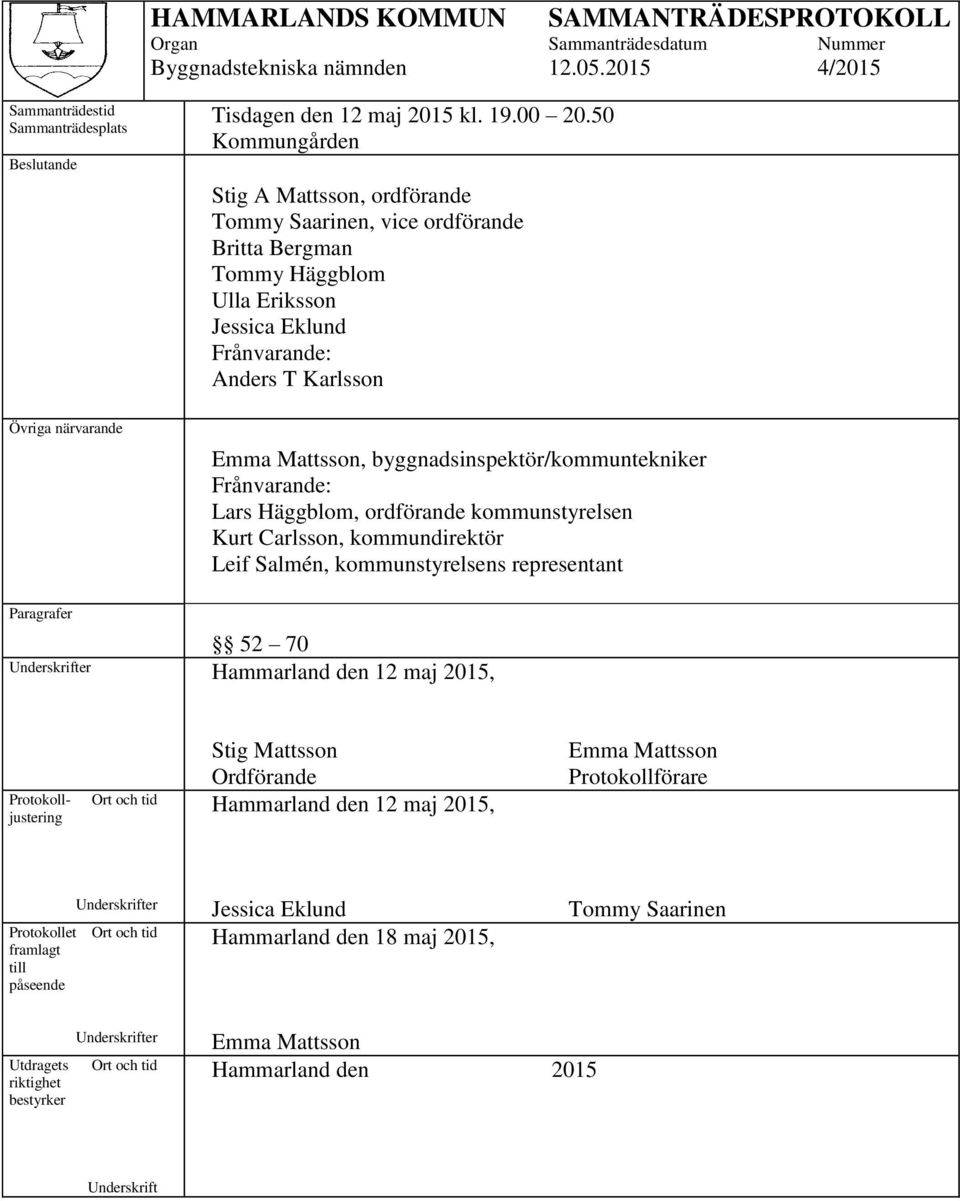 byggnadsinspektör/kommuntekniker Frånvarande: Lars Häggblom, ordförande kommunstyrelsen Kurt Carlsson, kommundirektör Leif Salmén, kommunstyrelsens representant Paragrafer 52 70 Underskrifter