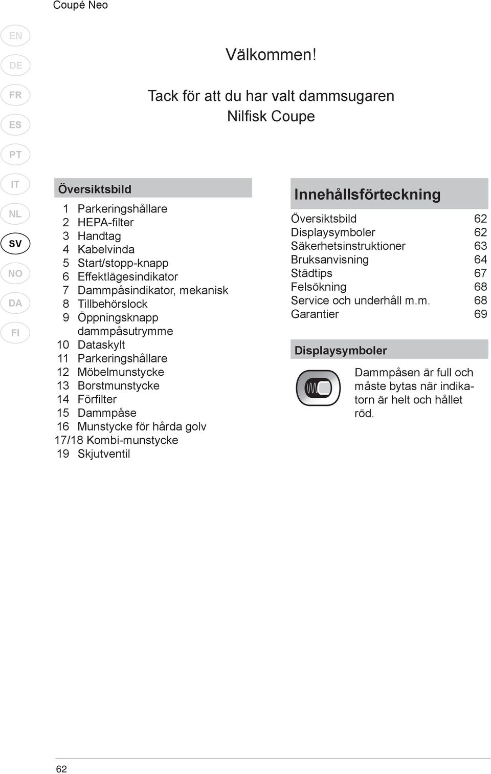 Dammpåsindikator, mekanisk 8 Tillbehörslock 9 Öppningsknapp dammpåsutrymme 10 Dataskylt 11 Parkeringshållare 12 Möbelmunstycke 13 Borstmunstycke 14 Förfi lter 15