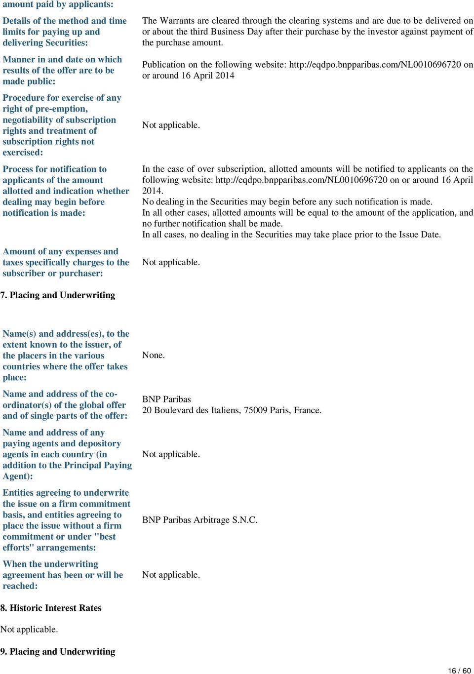 indication whether dealing may begin before notification is made: Amount of any expenses and taxes specifically charges to the subscriber or purchaser: The Warrants are cleared through the clearing