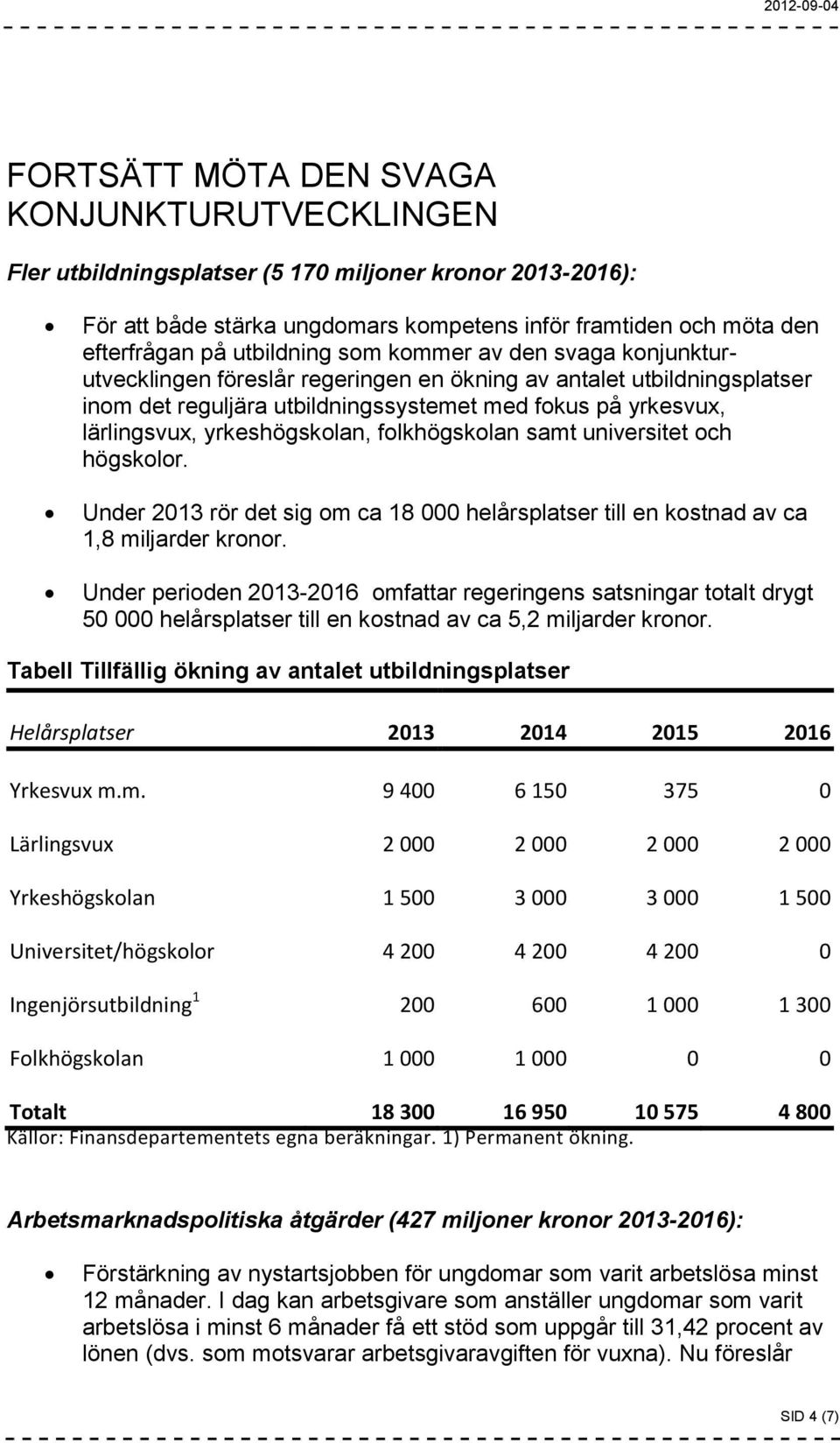 yrkeshögskolan, folkhögskolan samt universitet och högskolor. Under 2013 rör det sig om ca 18 000 helårsplatser till en kostnad av ca 1,8 miljarder kronor.