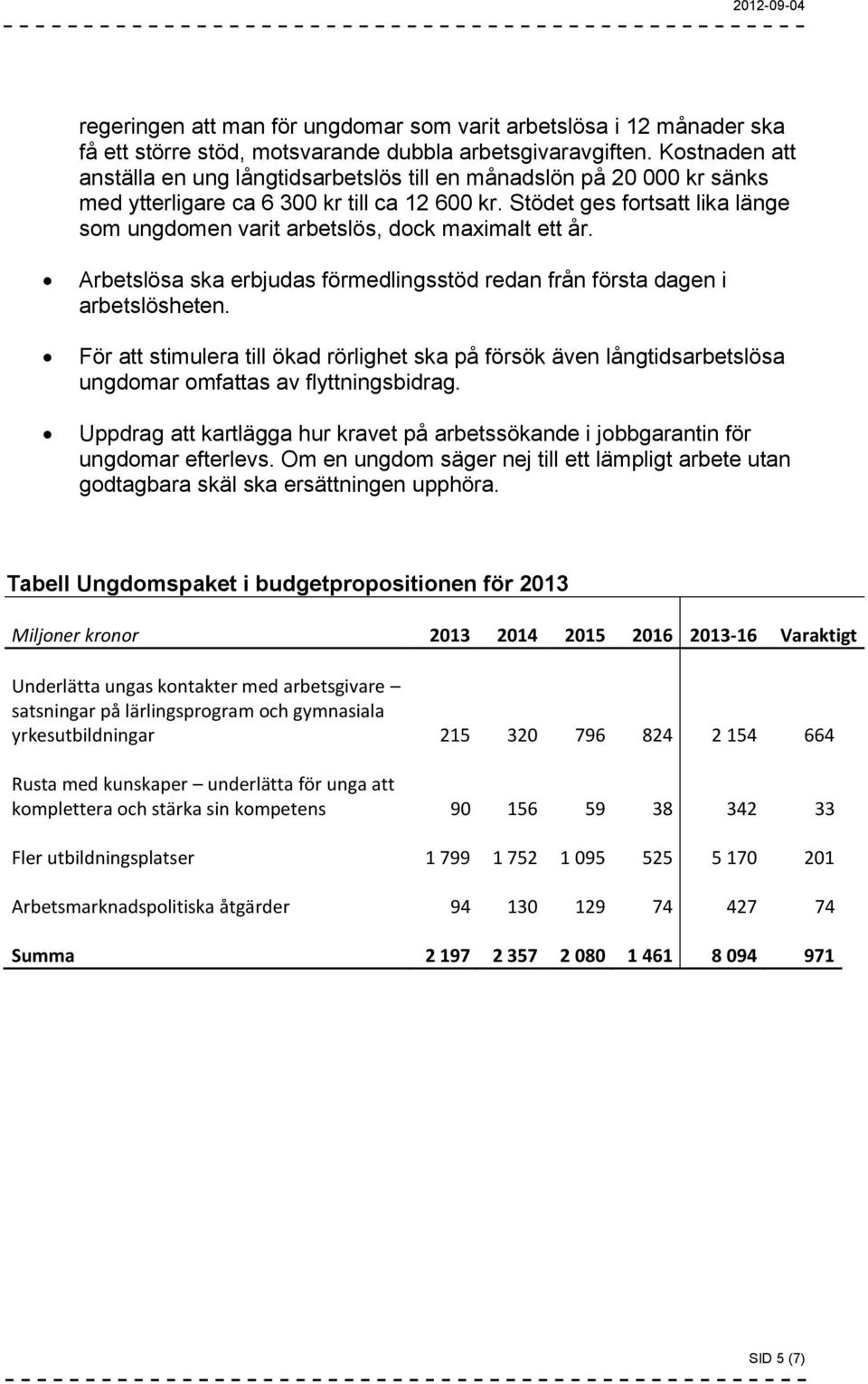 Stödet ges fortsatt lika länge som ungdomen varit arbetslös, dock maximalt ett år. Arbetslösa ska erbjudas förmedlingsstöd redan från första dagen i arbetslösheten.