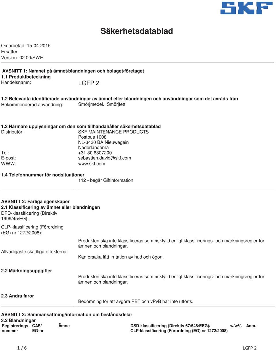 3 Närmare upplysningar om den som tillhandahåller säkerhetsdatablad Distributör: SKF MAINTENANCE PRODUCTS Postbus 1008 NL-3430 BA Nieuwegein Nederländerna Tel: +31 30 6307200 E-post: sebastien.