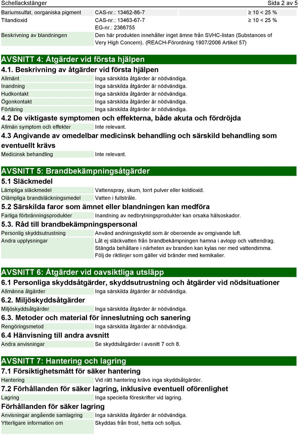 (REACH-Förordning 1907/2006 Artikel 57) AVSNITT 4: Åtgärder vid första hjälpen 4.1. Beskrivning av åtgärder vid första hjälpen Allmänt Inandning Hudkontakt Ögonkontakt Förtäring 4.