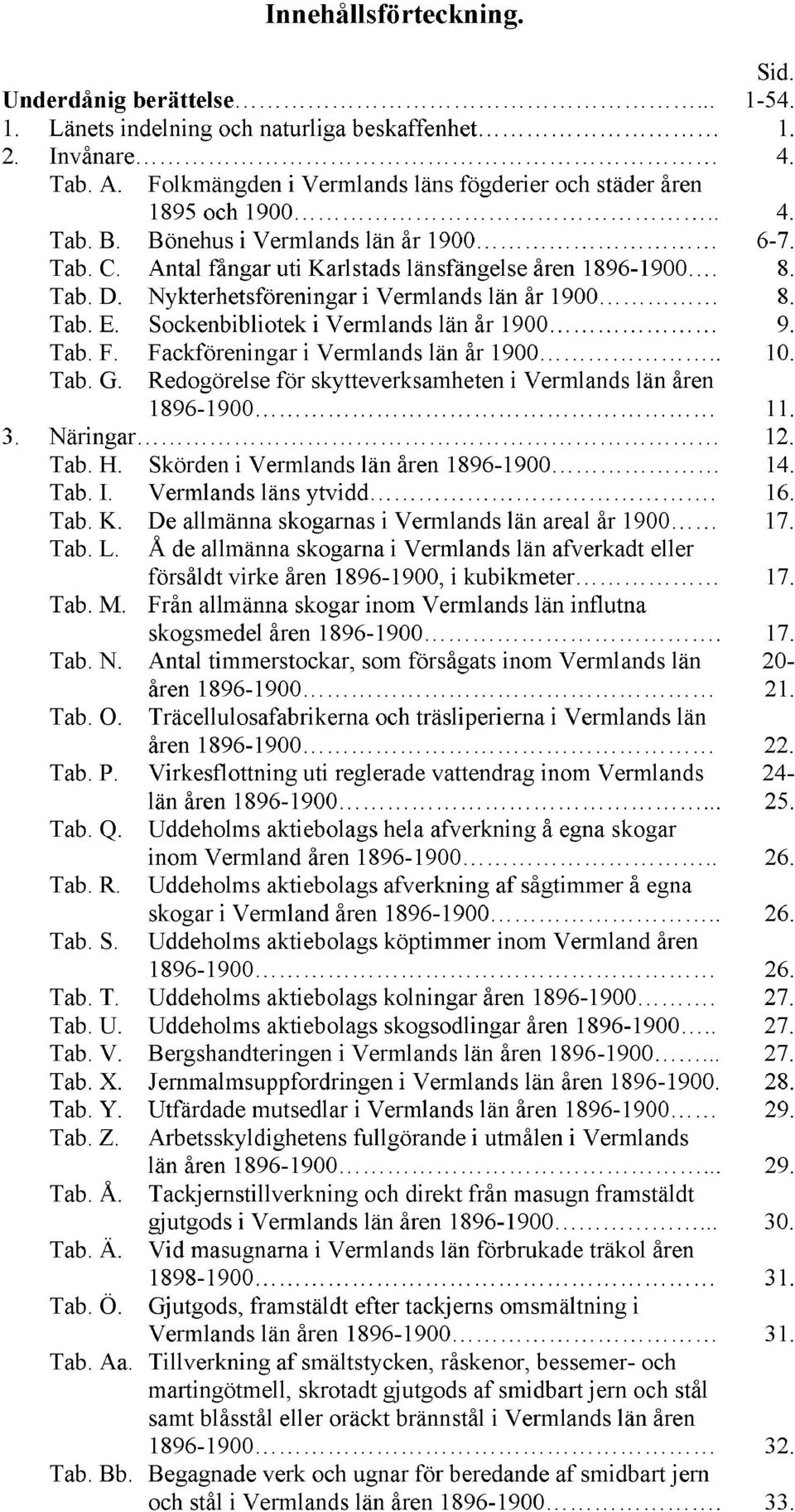 Sockenbibliotek i Vermlands län år 1900 9. Tab. F. Fackföreningar i Vermlands län år 1900.. 10. Tab. G. Redogörelse för skytteverksamheten i Vermlands län åren 1896-1900 11. 3. Näringar 12. Tab. H.