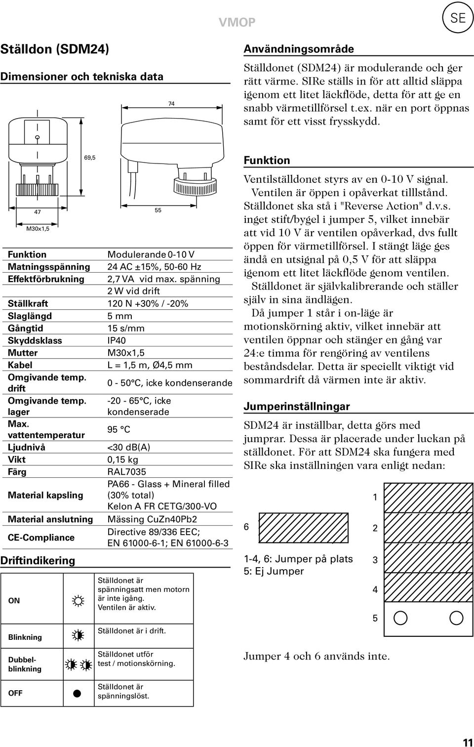 47 M30x1,5 69,5 Funktion Modulerande 0-10 V Matningsspänning 4 AC ±15%, 50-60 Hz Effektförbrukning,7 VA vid max.