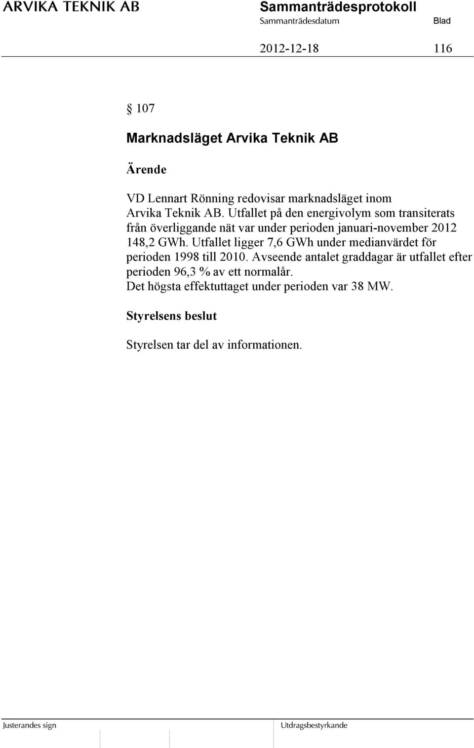 Utfallet ligger 7,6 GWh under medianvärdet för perioden 1998 till 2010.