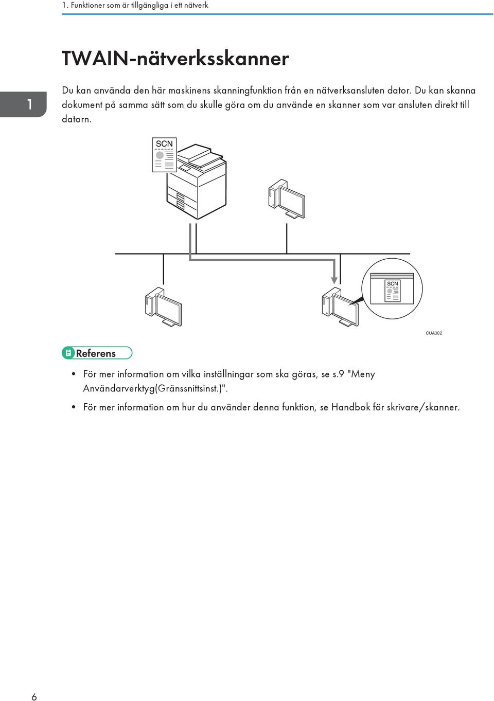 Du kan skanna dokument på samma sätt som du skulle göra om du använde en skanner som var ansluten direkt till datorn.