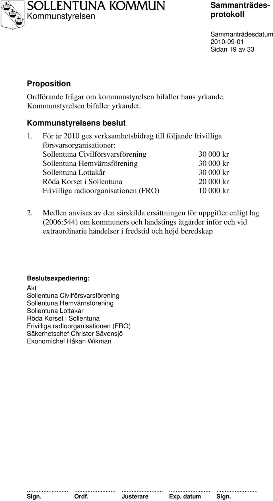 Korset i Sollentuna 20 000 kr Frivilliga radioorganisationen (FRO) 10 000 kr 2.
