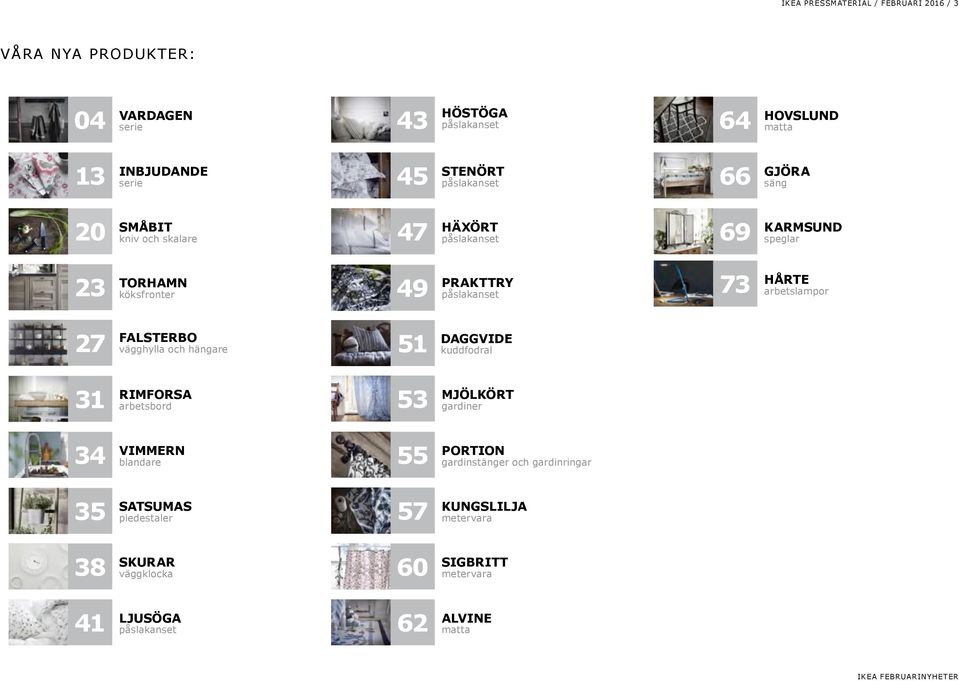 arbetslampor 27 FALSTERBO vägghylla och hängare 51 DAGGVIDE kuddfodral 31 RIMFORSA arbetsbord 53 MJÖLKÖRT gardiner 34 VIMMERN blandare 55 PORTION