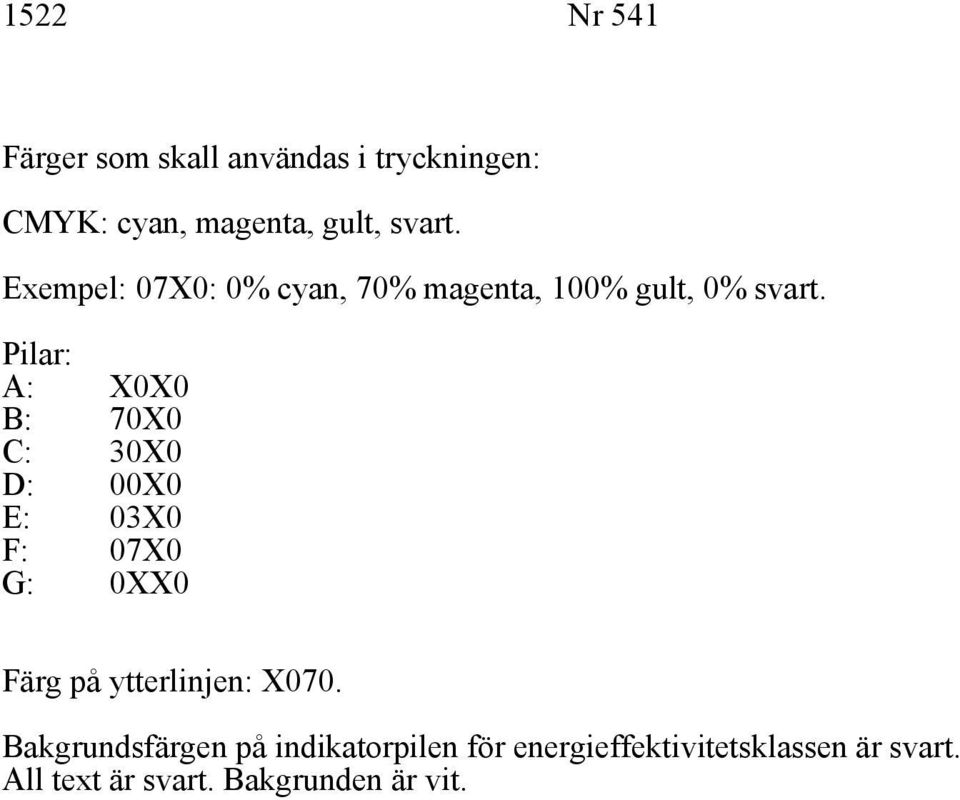 Pilar: A: X0X0 B: 70X0 C: 30X0 D: 00X0 E: 03X0 F: 07X0 G: 0XX0 Färg på ytterlinjen: