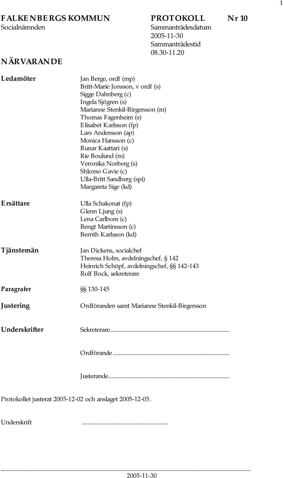 Karlsson (fp) Lars Andersson (ap) Monica Hansson (c) Runar Kaattari (s) Rie Boulund (m) Veronika Norberg (s) Shlomo Gavie (c) Ulla-Britt Sandberg (spi) Margareta Sige (kd) Ulla Schakonat (fp) Glenn