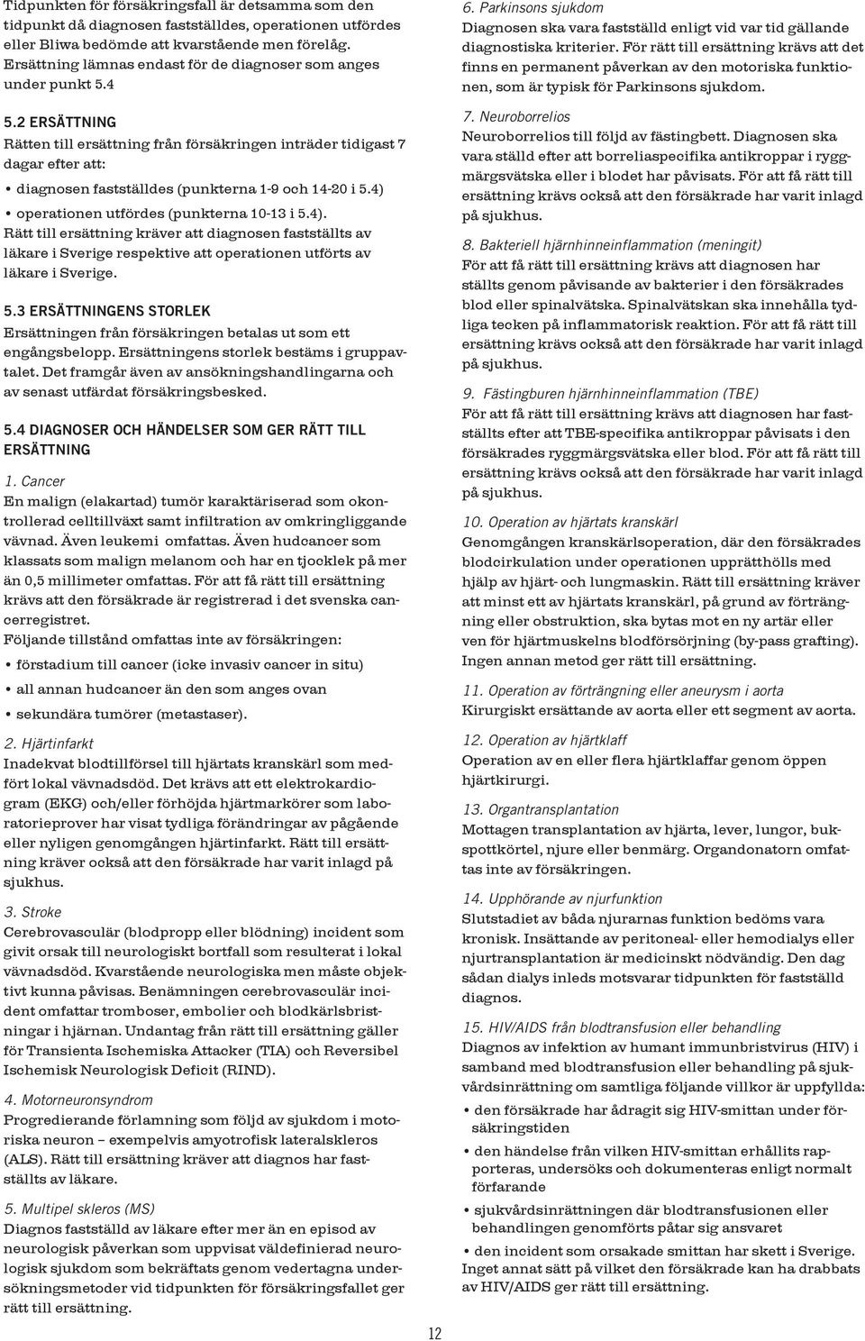 2 ERSÄTTNING Rätten till ersättning från försäkringen inträder tidigast 7 dagar efter att: diagnosen fastställdes (punkterna 1-9 och 14-20 i 5.4) 