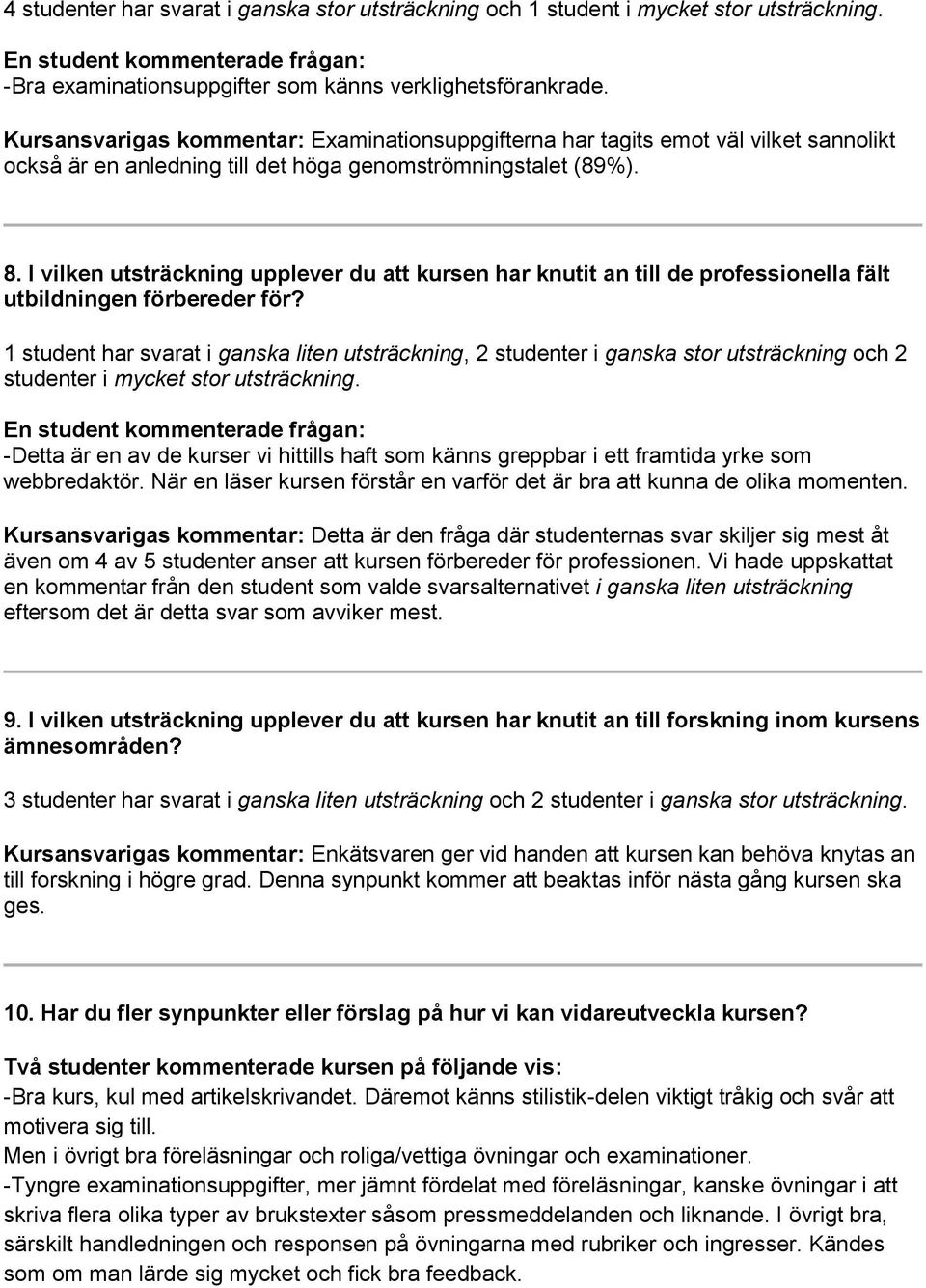 I vilken utsträckning upplever du att kursen har knutit an till de professionella fält utbildningen förbereder för?