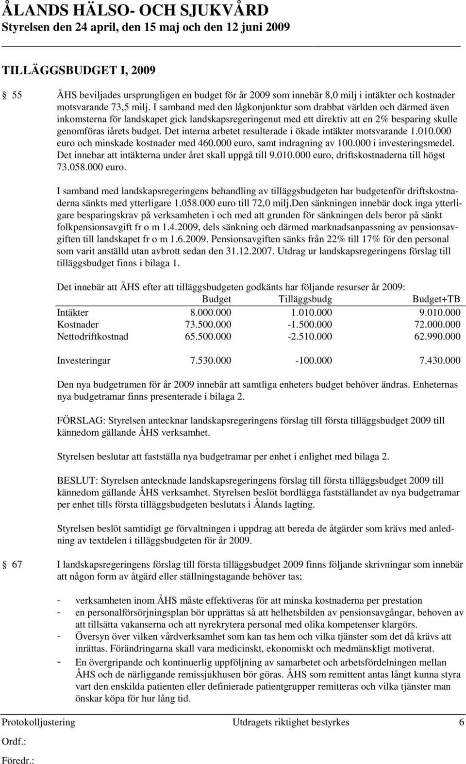 Det interna arbetet resulterade i ökade intäkter motsvarande 1.010.000 euro och minskade kostnader med 460.000 euro, samt indragning av 100.000 i investeringsmedel.