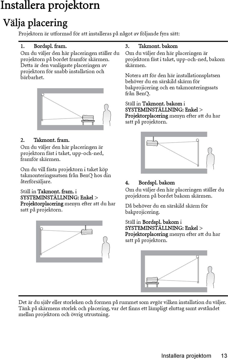 bakom Om du väljer den här placeringen är projektorn fäst i taket, upp-och-ned, bakom skärmen.