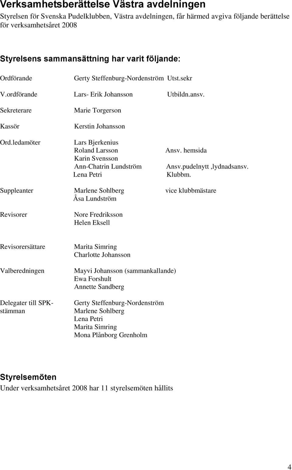 ledamöter Marie Torgerson Kerstin Johansson Lars Bjerkenius Roland Larsson Karin Svensson Ann-Chatrin Lundström Lena Petri Ansv. hemsida Ansv.pudelnytt,lydnadsansv. Klubbm.