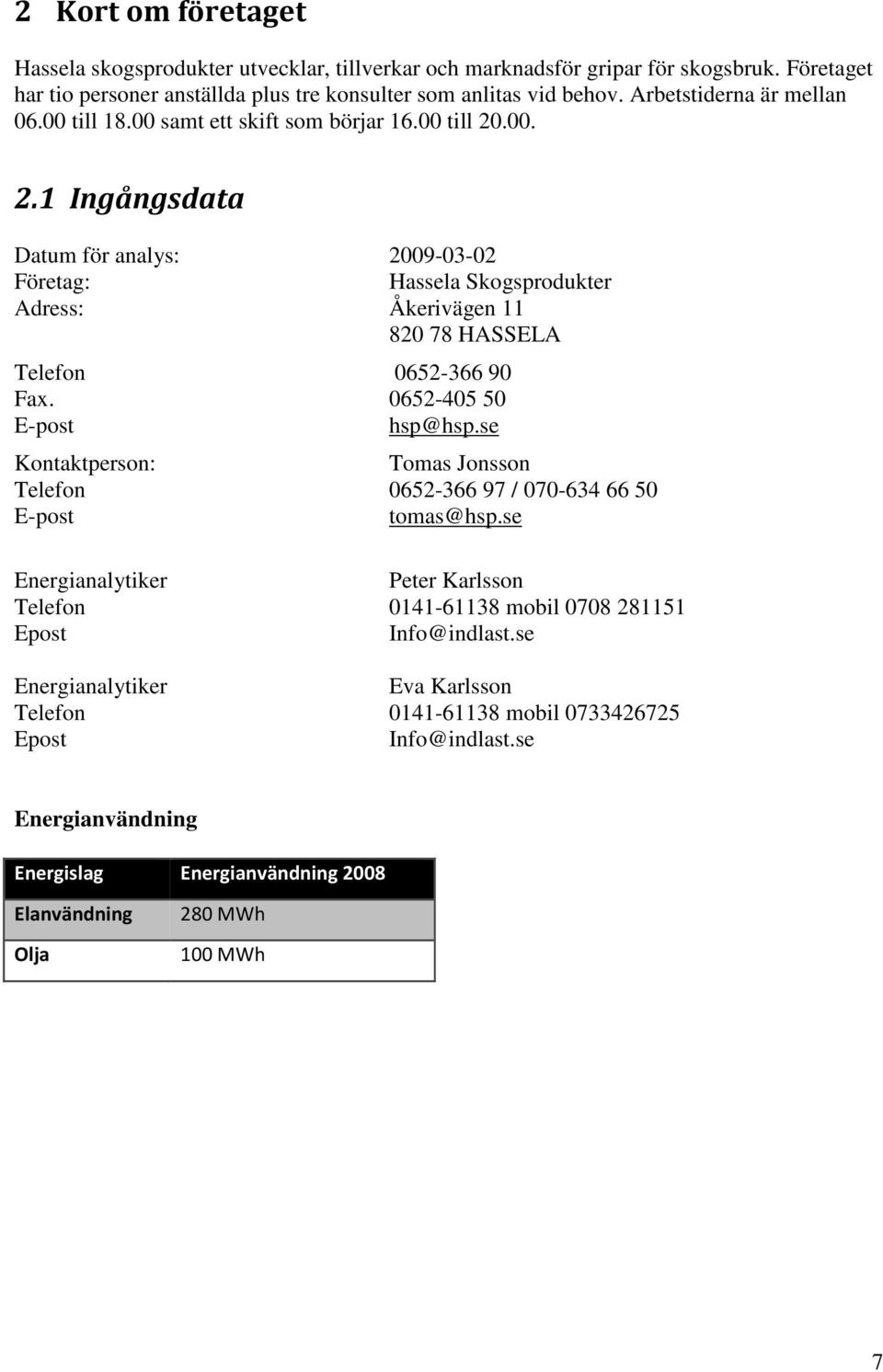 .00. 2.1 Ingångsdata Datum för analys: 2009-03-02 Företag: Hassela Skogsprodukter Adress: Åkerivägen 11 820 78 HASSELA Telefon 0652-366 90 Fax. 0652-405 50 E-post hsp@hsp.