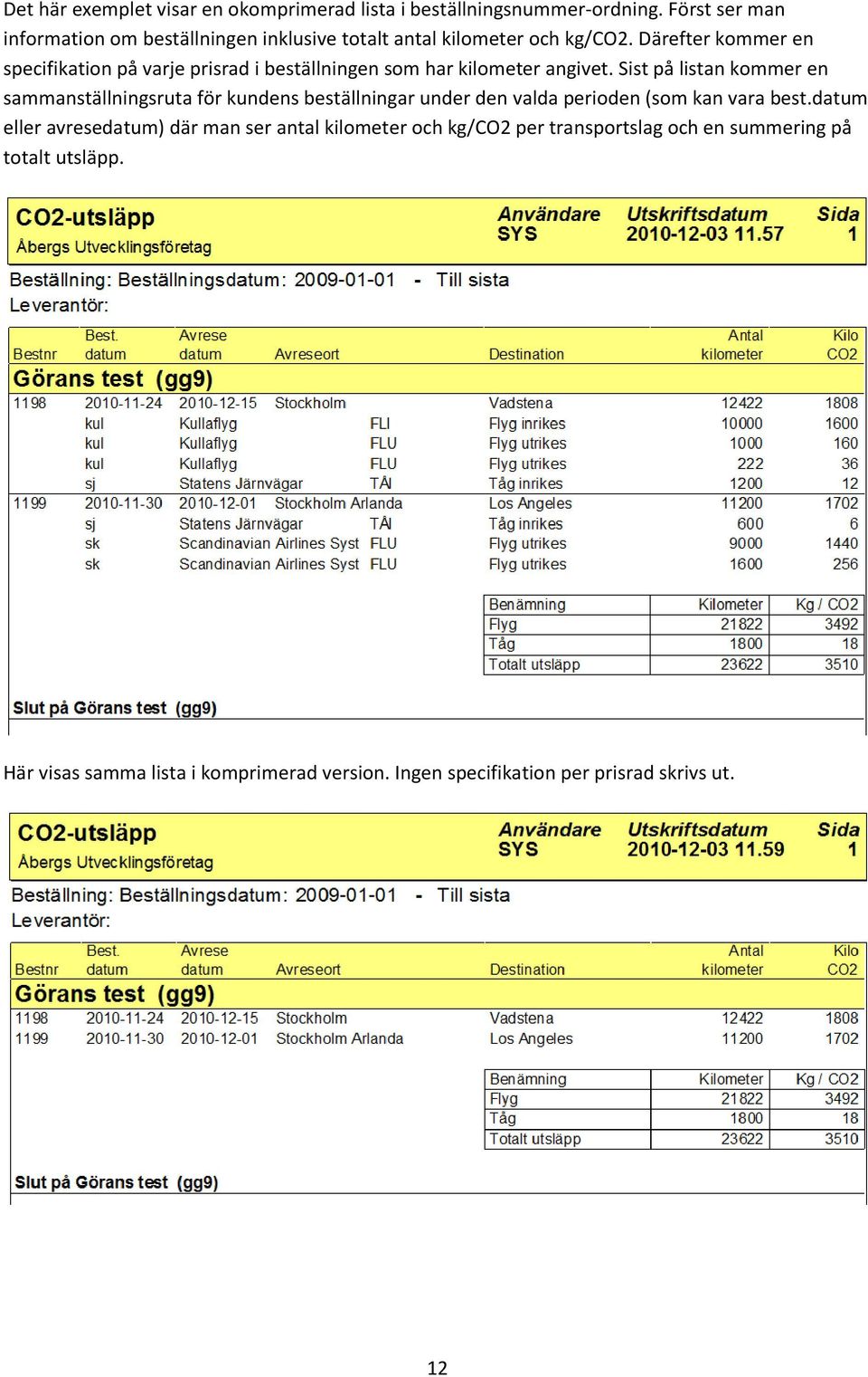 Därefter kommer en specifikation på varje prisrad i beställningen som har kilometer angivet.