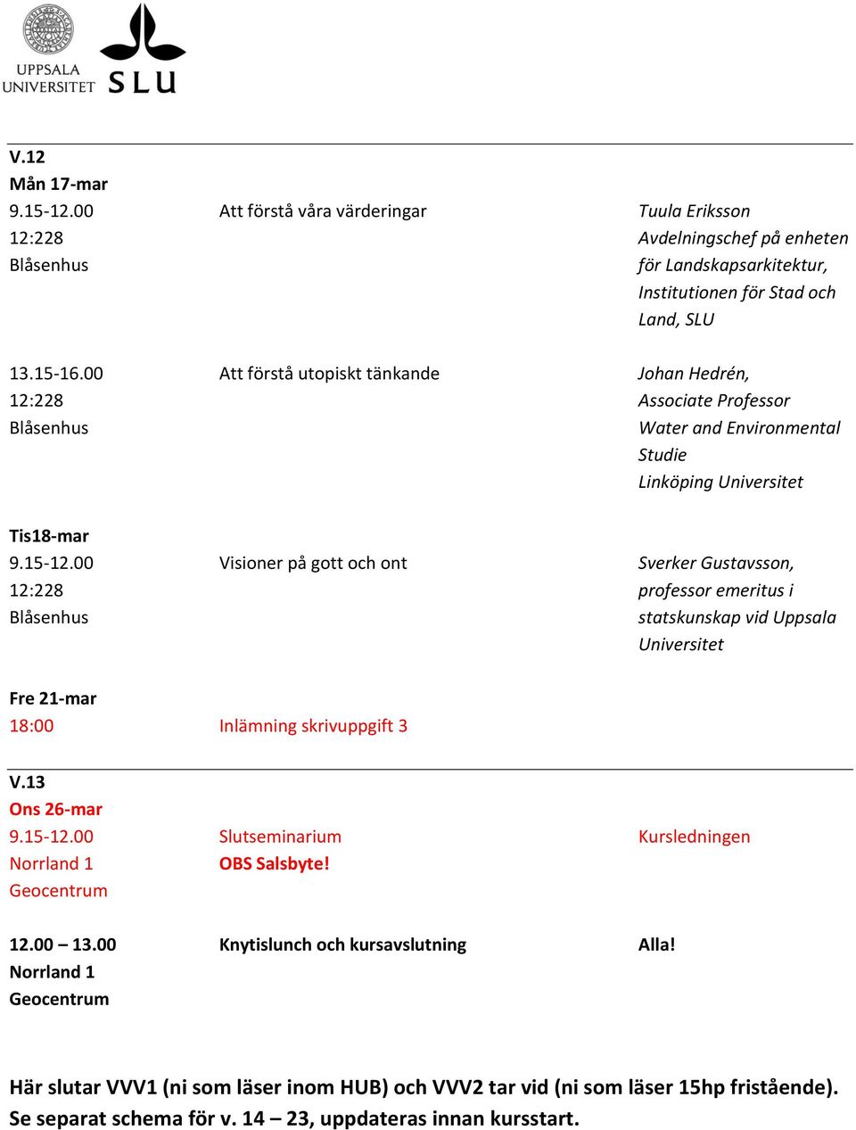 00 Visioner på gott och ont Sverker Gustavsson, 12:228 professor emeritus i statskunskap vid Uppsala Fre 21-mar 18:00 Inlämning skrivuppgift 3 V.13 Ons 26-mar 9.15-12.