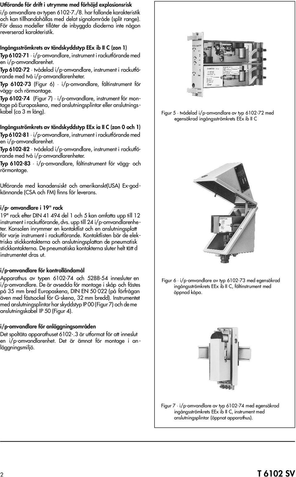 Ingångsströmkrets av tändskyddstyp EEx ib II C (zon 1) Typ 6102-71 i/p-omvandlare, instrument i rackutförande med en i/p-omvandlarenhet.
