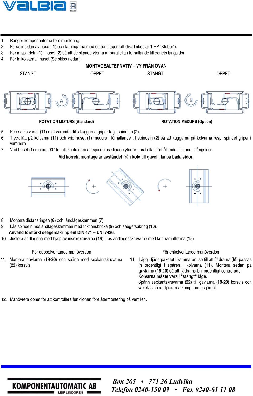 MONTAGEALTERNATIV VY FRÅN OVAN STÄNGT ÖPPET STÄNGT ÖPPET ROTATION MOTURS (Standard) ROTATION MEDURS (Option) 5. Pressa kolvarna (11) mot varandra tills kuggarna griper tag i spindeln (2). 6.