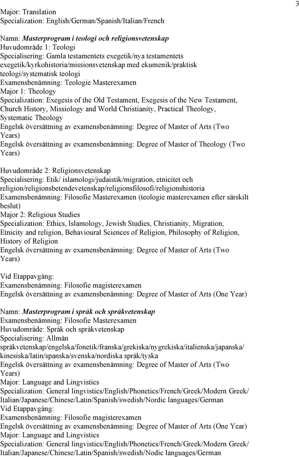 Testament, Exegesis of the New Testament, Church History, Missiology and World Christianity, Practical Theology, Systematic Theology Engelsk översättning av examensbenämning: Degree of Master of