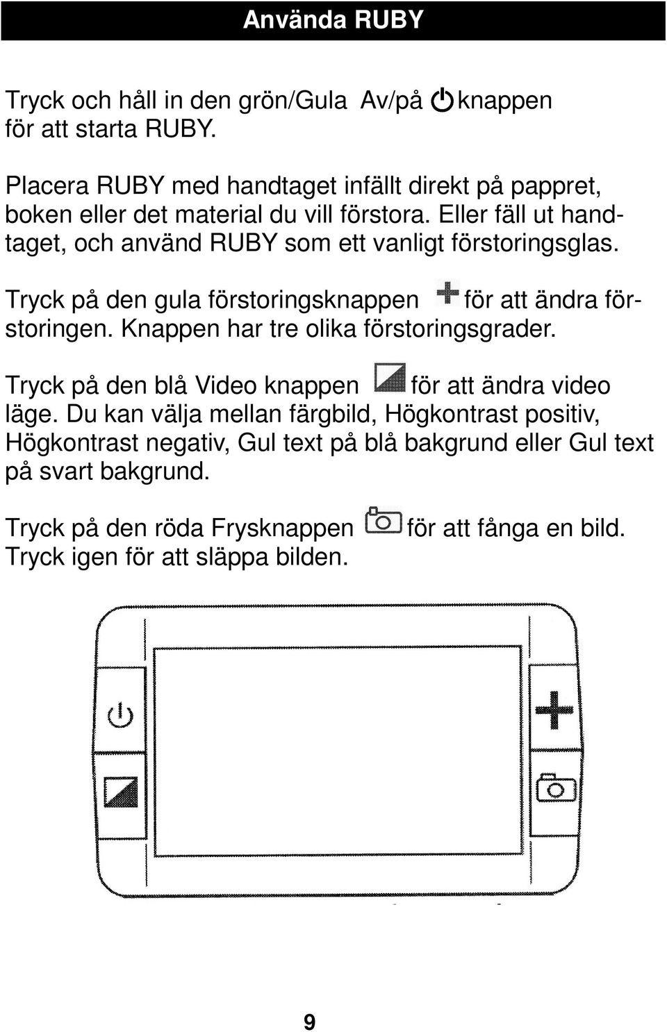 Eller fäll ut handtaget, och använd RUBY som ett vanligt förstoringsglas. Tryck på den gula förstoringsknappen för att ändra förstoringen.