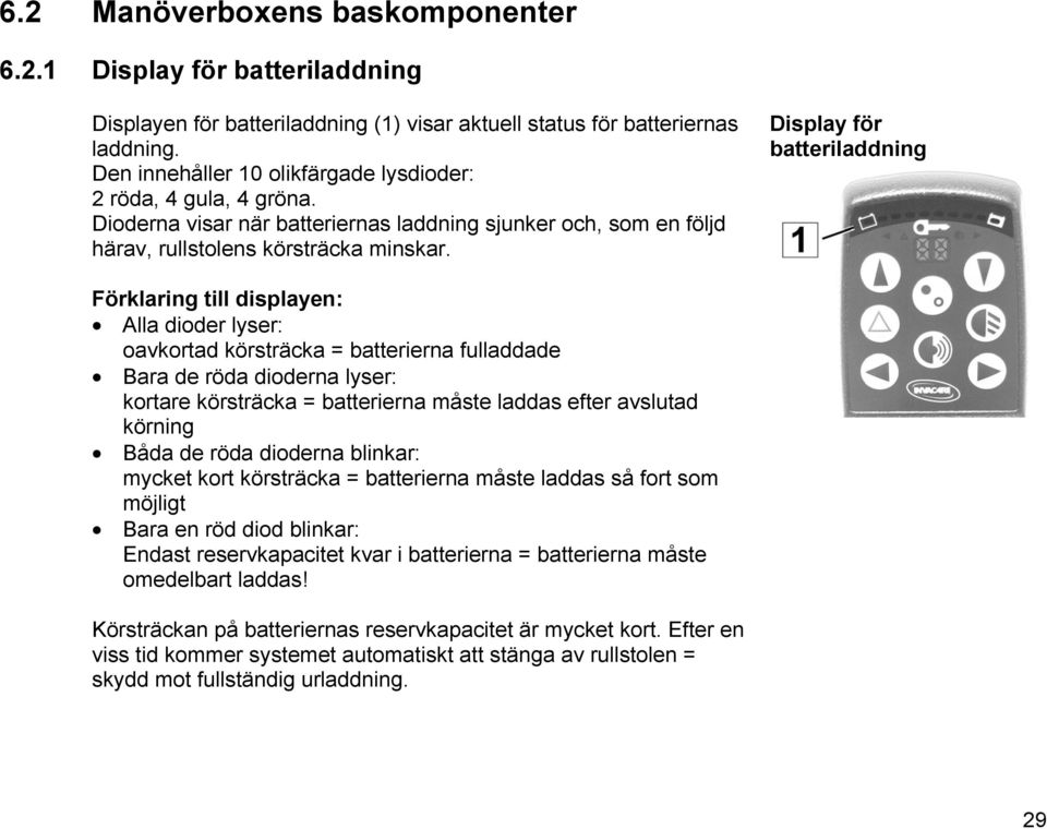 Display för batteriladdning Förklaring till displayen: Alla dioder lyser: oavkortad körsträcka = batterierna fulladdade Bara de röda dioderna lyser: kortare körsträcka = batterierna måste laddas