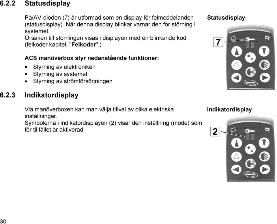 "Felkoder".) Statusdisplay ACS manöverbox styr nedanstående funktioner: Styrning av elektroniken Styrning av systemet Styrning av strömförsörjningen 6.