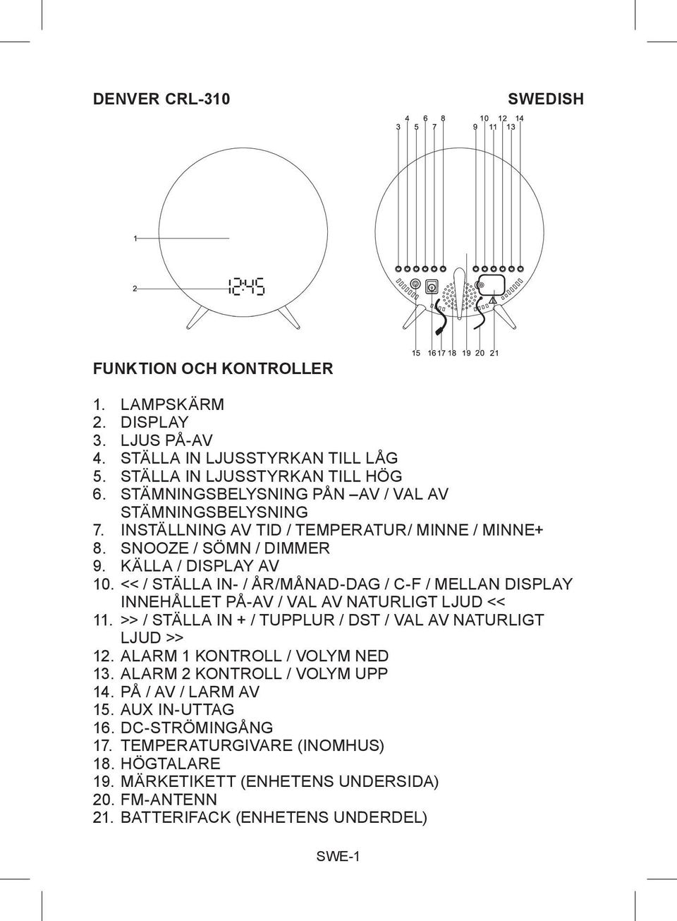 << / STÄLLA IN- / ÅR/MÅNAD-DAG / C-F / MELLAN DISPLAY INNEHÅLLET PÅ-AV / VAL AV NATURLIGT LJUD << 11. >> / STÄLLA IN + / TUPPLUR / DST / VAL AV NATURLIGT LJUD >> 12.