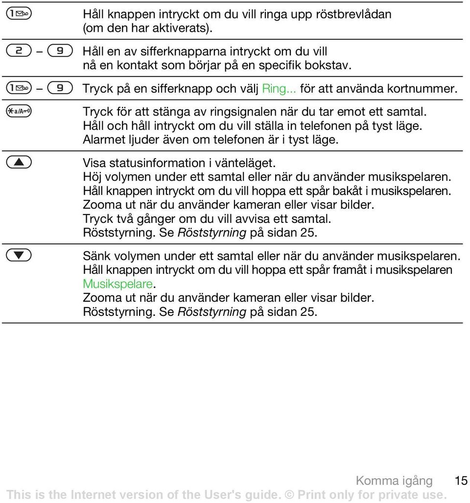 Håll och håll intryckt om du vill ställa in telefonen på tyst läge. Alarmet ljuder även om telefonen är i tyst läge. Visa statusinformation i vänteläget.