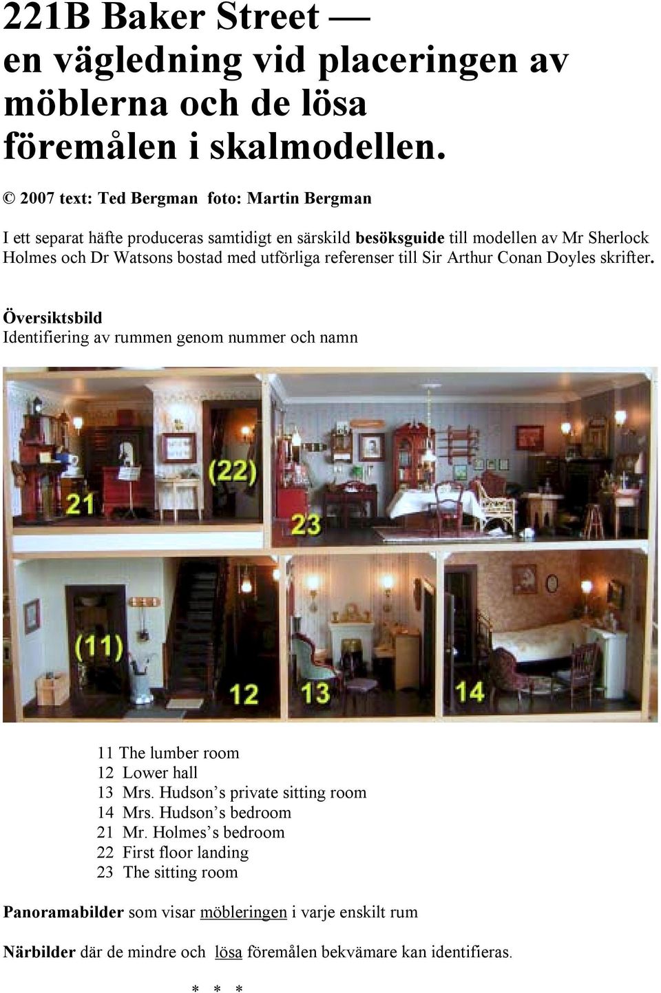 utförliga referenser till Sir Arthur Conan Doyles skrifter. Översiktsbild Identifiering av rummen genom nummer och namn 11 The lumber room 12 Lower hall 13 Mrs.