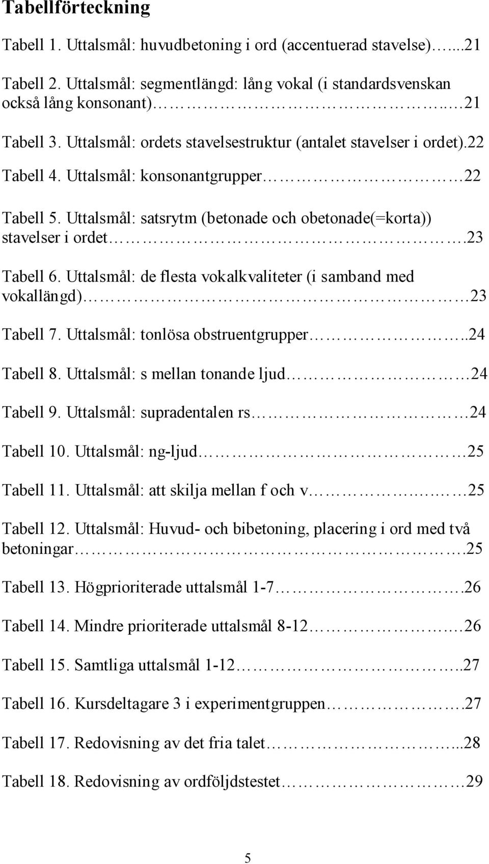 Uttalsmål: de flesta vokalkvaliteter (i samband med vokallängd) 23 Tabell 7. Uttalsmål: tonlösa obstruentgrupper..24 Tabell 8. Uttalsmål: s mellan tonande ljud 24 Tabell 9.