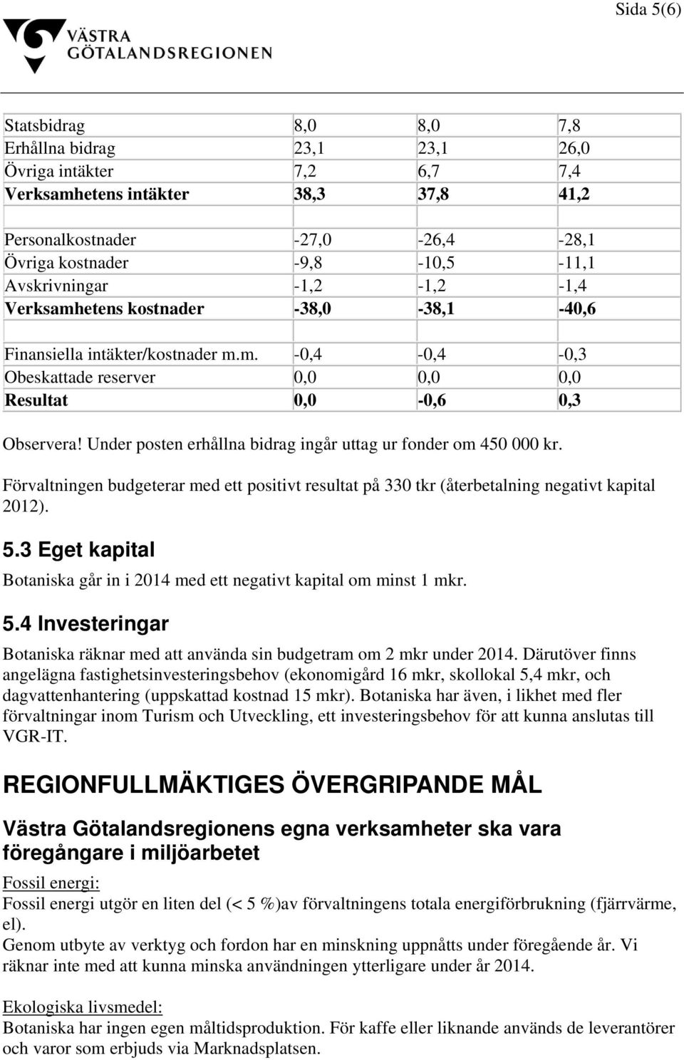 Under posten erhållna bidrag ingår uttag ur fonder om 450 000 kr. Förvaltningen budgeterar med ett positivt resultat på 330 tkr (återbetalning negativt kapital 2012). 5.