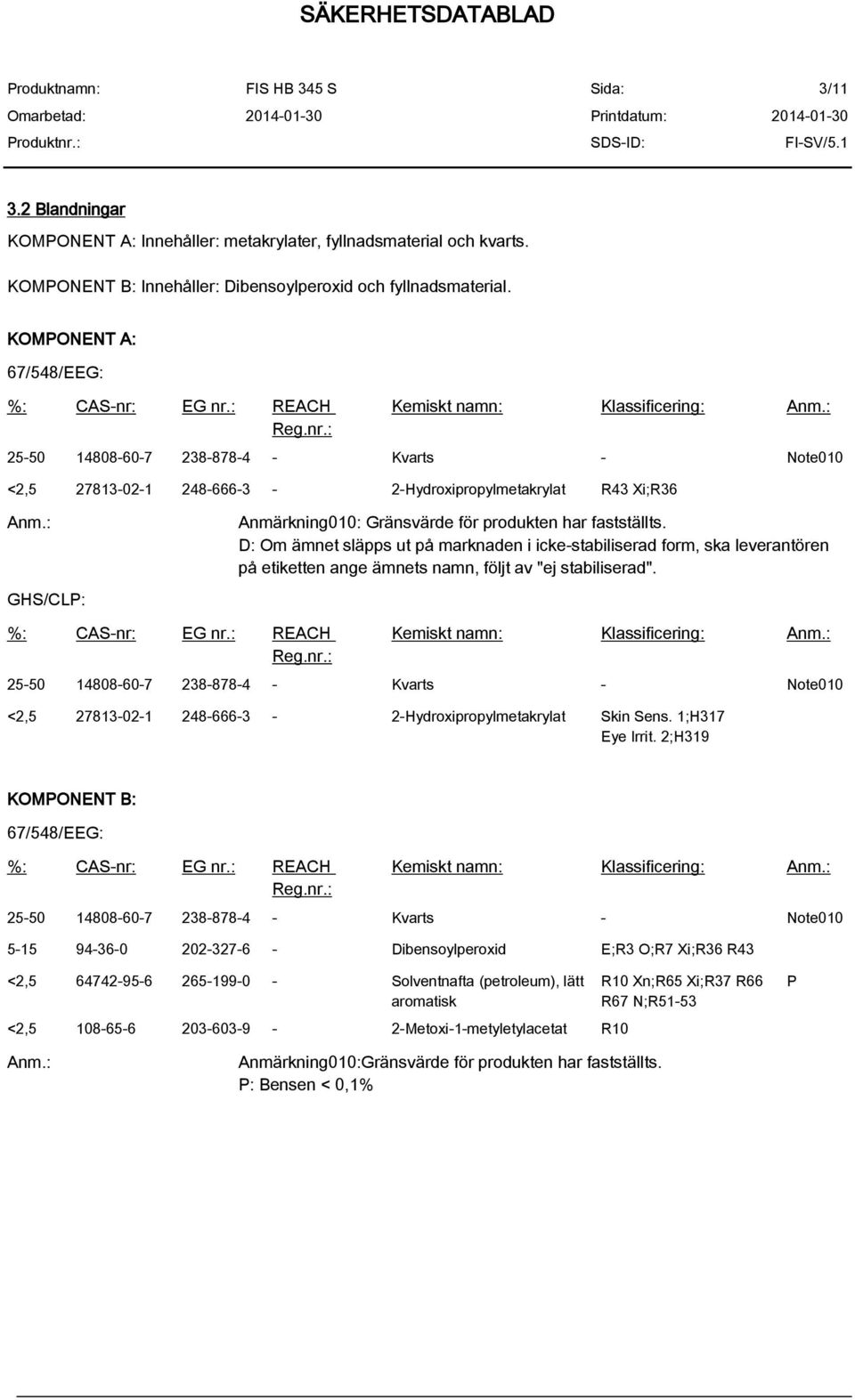 : GHS/CLP: Anmärkning010: Gränsvärde för produkten har fastställts.